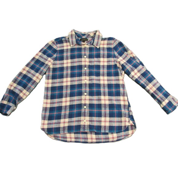 J.Crew Tops - J. Crew Womens 10P Flannel Plaid Button Up Blue Coral Cotton Long Sleeve